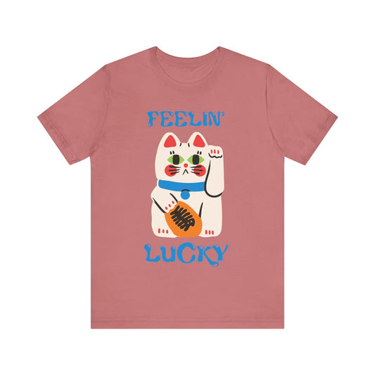Feelin' Lucky Unisex Jersey Tee - Cute Cat Design for Good Vibes