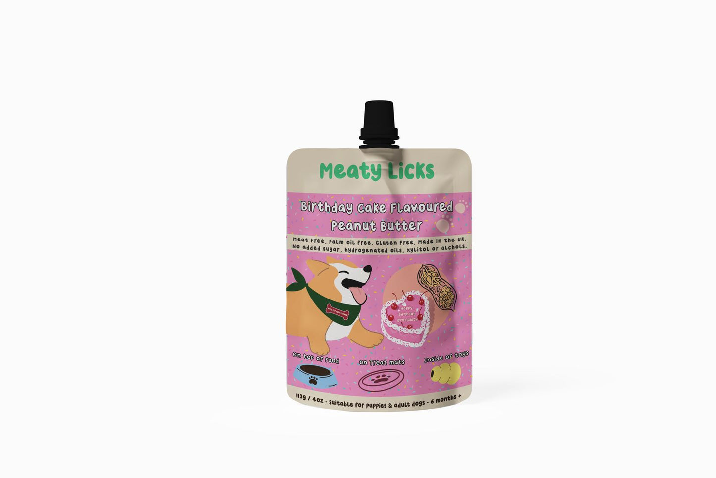 Meaty Licks Birthday cake peanut butter 113g (PRE ORDER DESPATCH 18th OCT)